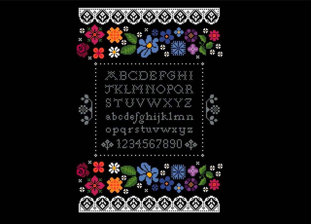 286 Cross Stitch Pattern colourful rainbow flower Alphabet Sampler