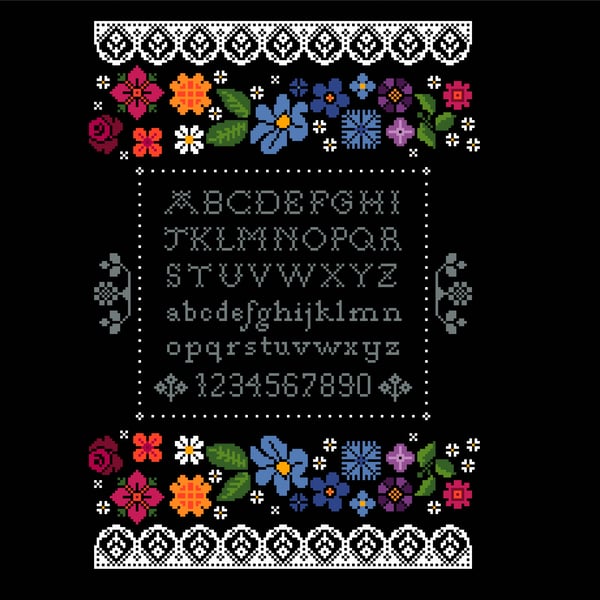 286 Cross Stitch Pattern colourful rainbow flower Alphabet Sampler