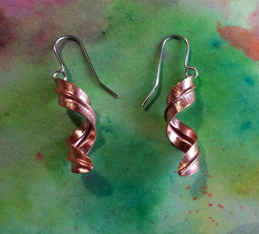 Spiral Twisted Leaf Copper Earrings, Small