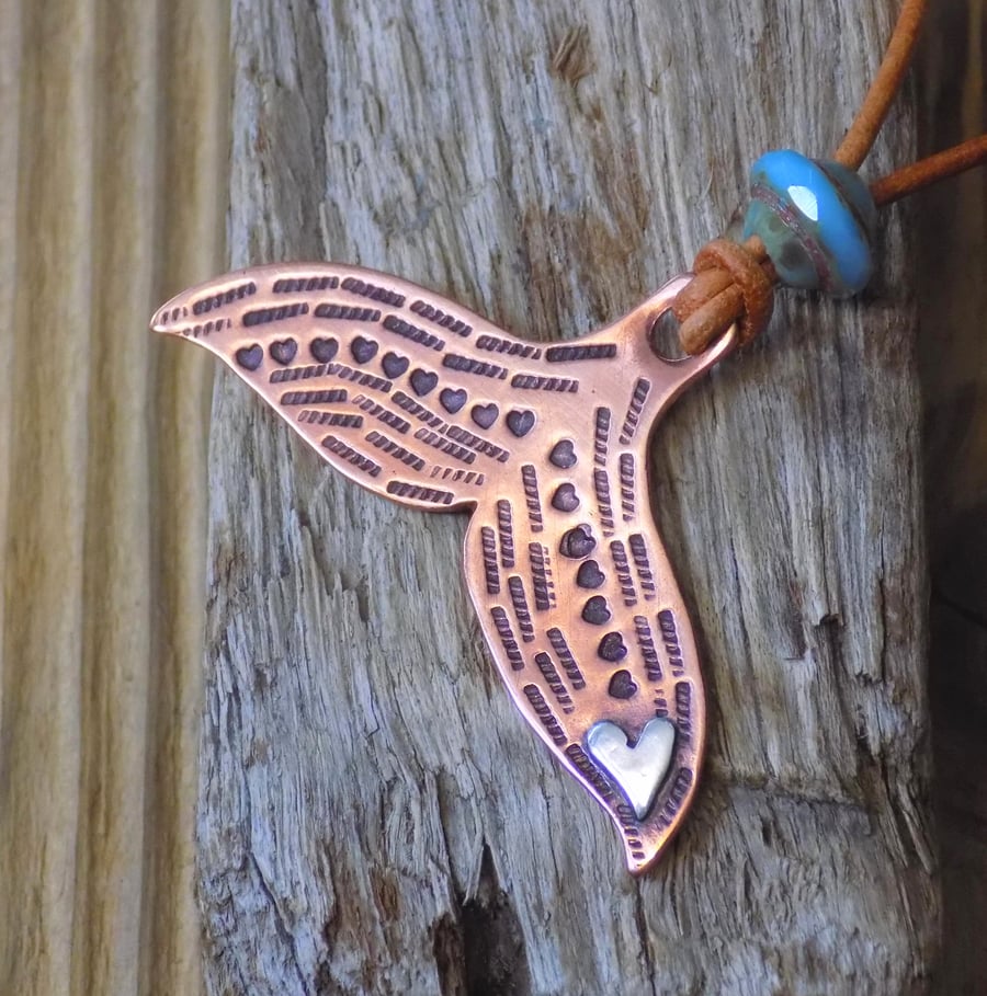 RESERVED for Suzie Godby Copper and silver whimsy whale tail pendant