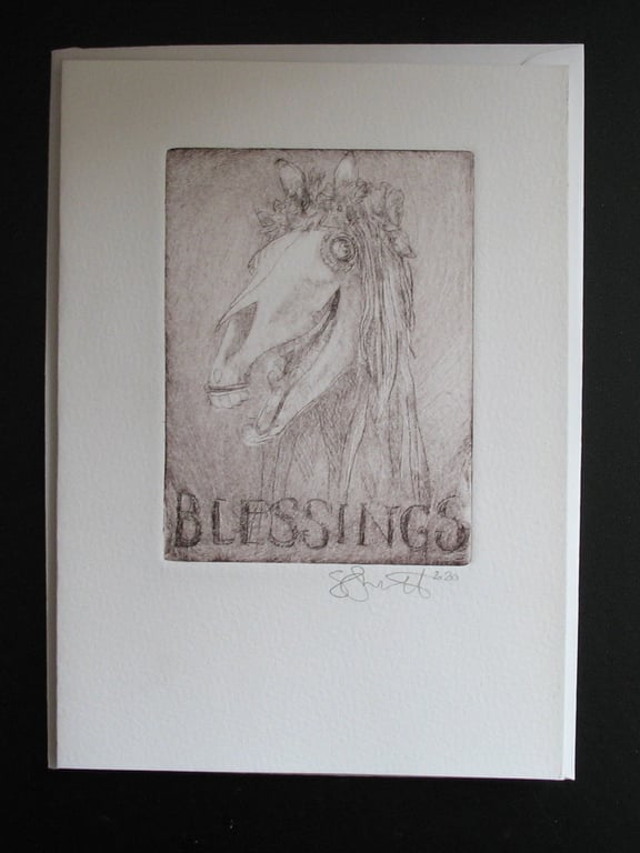 Mari Lwyd blank original etching blessings greetings card