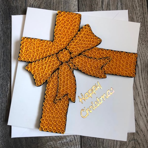 Stunning handmade quilled yellow bow Christmas card 