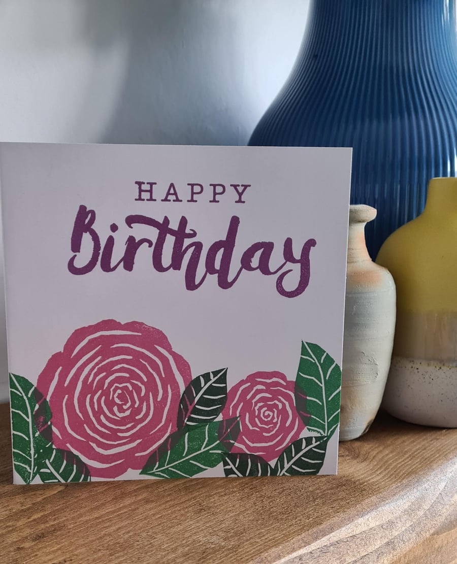 Rose leaf design birthday card handprinted