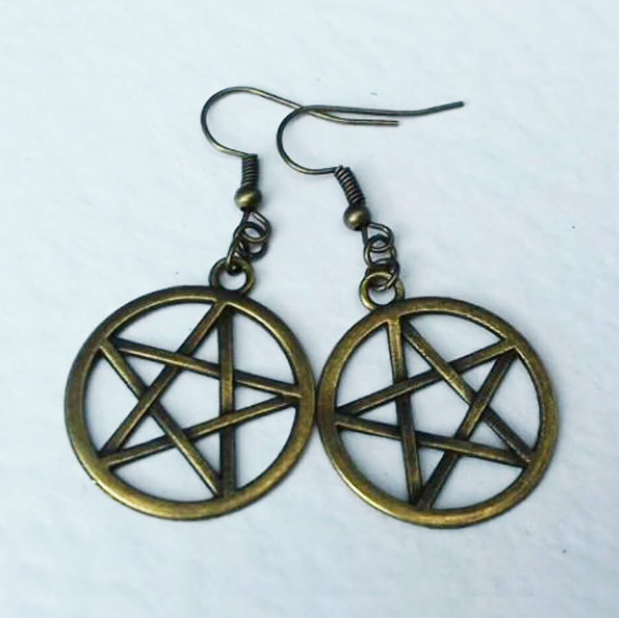 Bronze Pentagram Pentacle Drop Dangle Earrrings Wicca Pagan