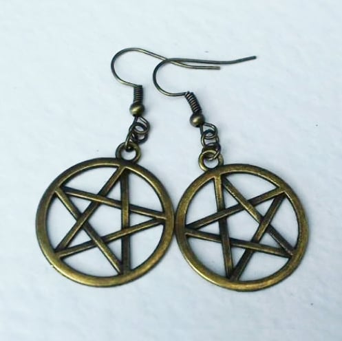 Bronze Pentagram Pentacle Drop Dangle Earrrings Wicca Pagan