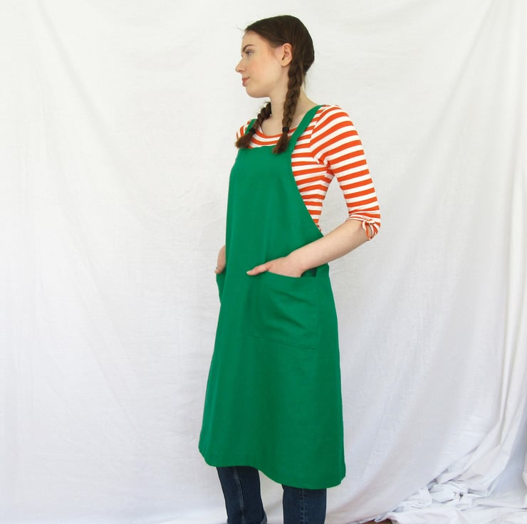 Linen Cross Back Apron Japanese Style No Ties. Green. Sale 40 off