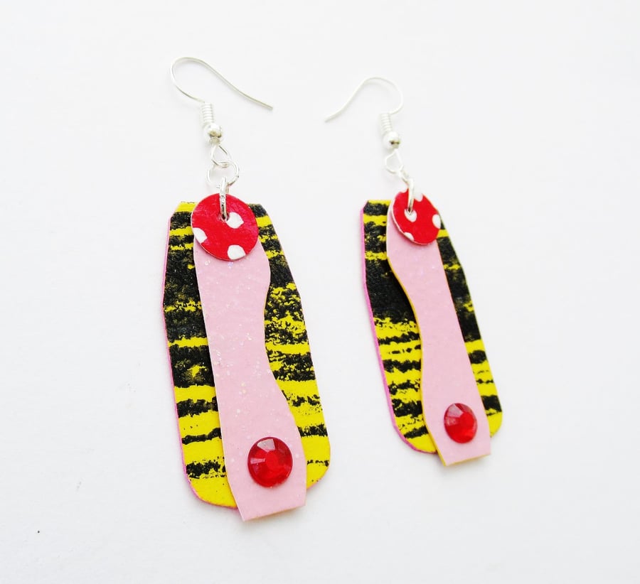 Pink Yellow Earrings Striped Artsy Colourful Statement Paper Painted Jewellery