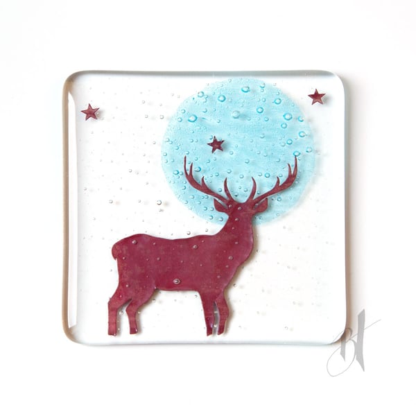 Stag Fused Glass Coaster, drinks mat, home decor, British countryside