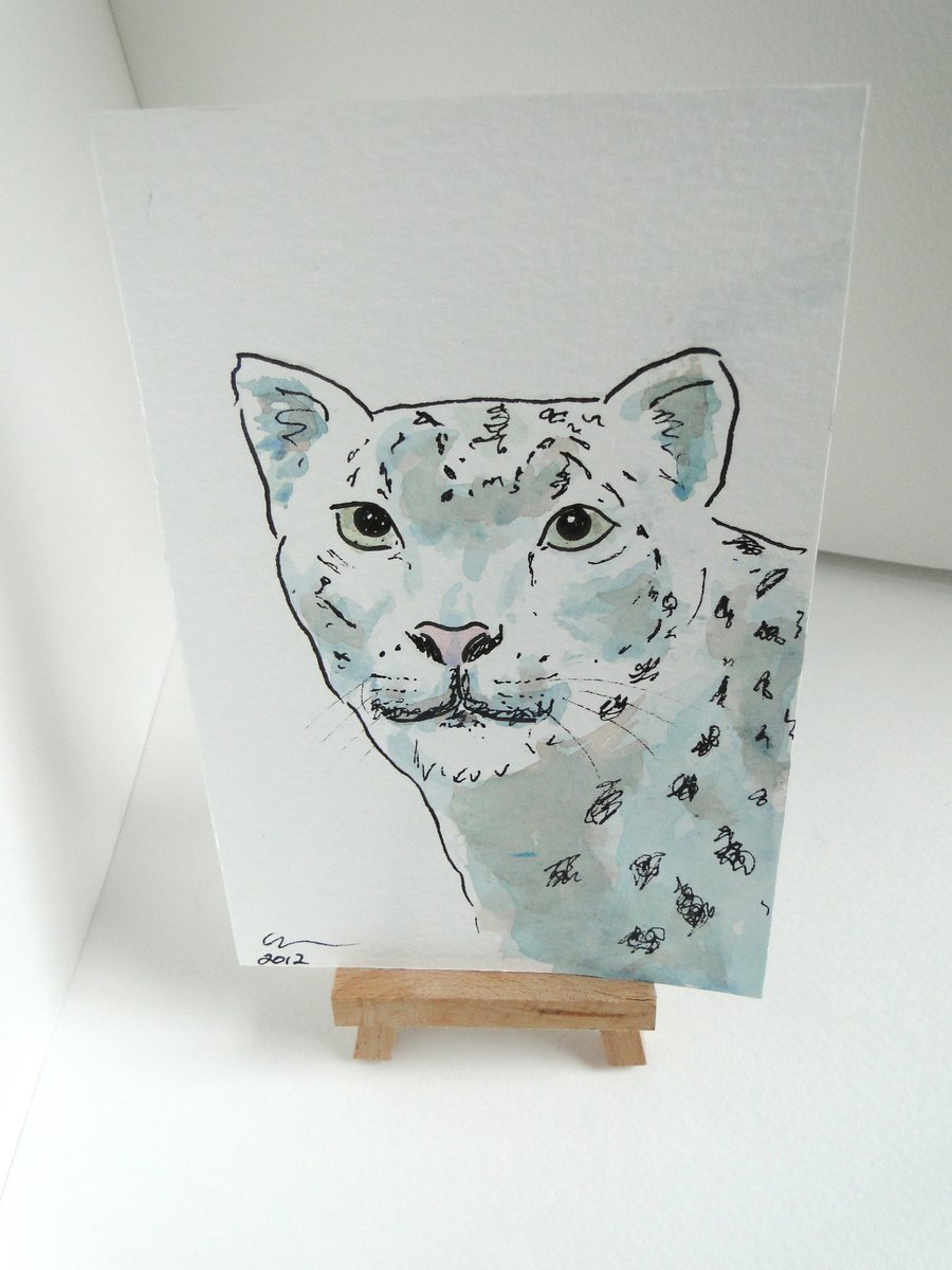 OSWOA Snow Leopard Original Watercolour & Ink Painting 4x6 OOAK