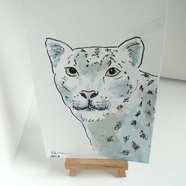 OSWOA Snow Leopard Original Watercolour & Ink Painting 4x6 OOAK