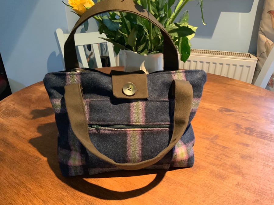 Handbag. Blue and Green Wool Check Handbag. Fully Lined. 14” by 10”.
