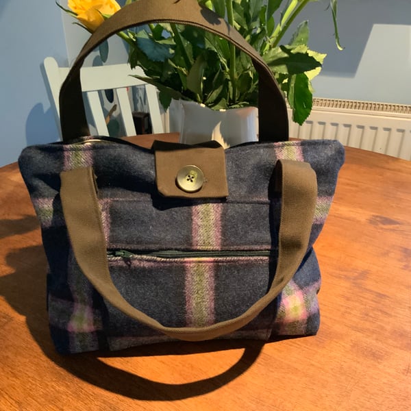 Handbag. Blue and Green Wool Check Handbag. Fully Lined. 14” by 10”.