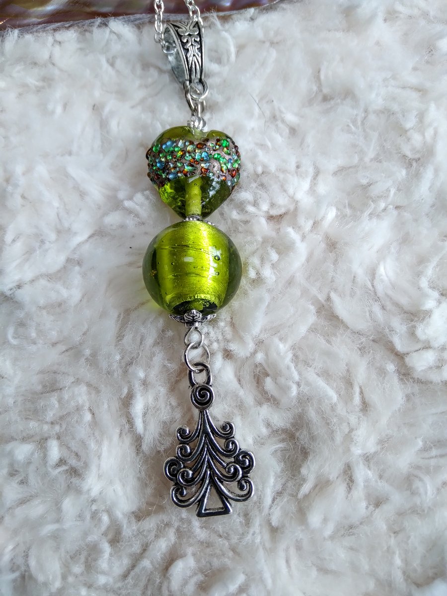 Hand-made LAMPWORK glass & Tibetan silver CHRISTMAS TREE pendant necklace