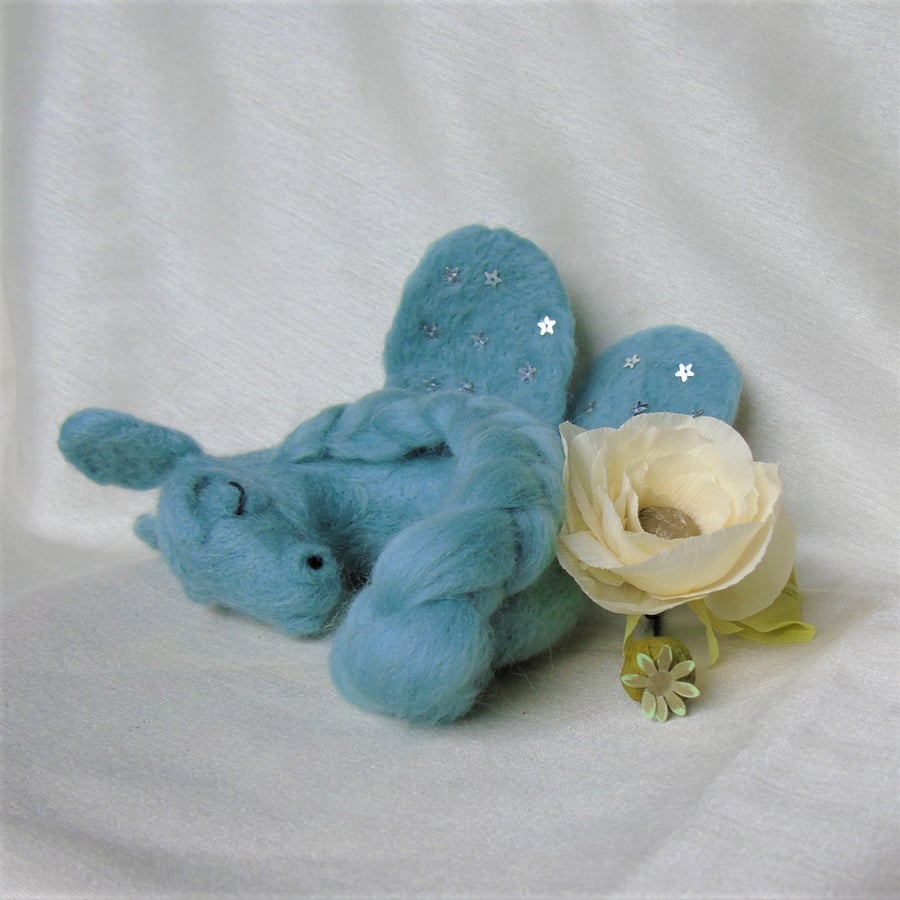 Needle felted sleeping baby dragon, winged dragon, turquoise