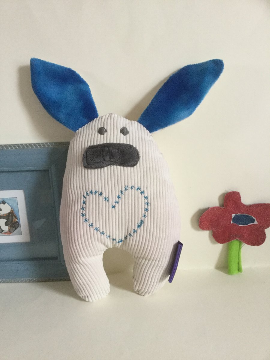 Handmade Plushie Bunny with Blue Heart, Nursery, Baby Soft Toy