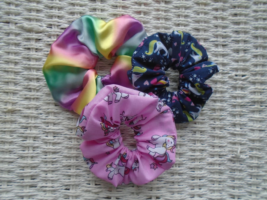 Pack of 3 Hair Scrunchies Unicorns & Rainbow 