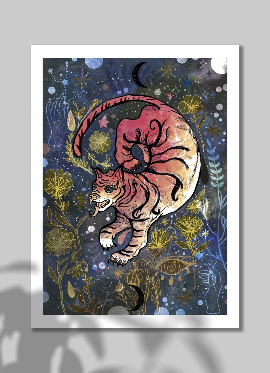 Flying Tiger A4 A3 Illustrated Art Print - Night Sky - Stars - Illustration