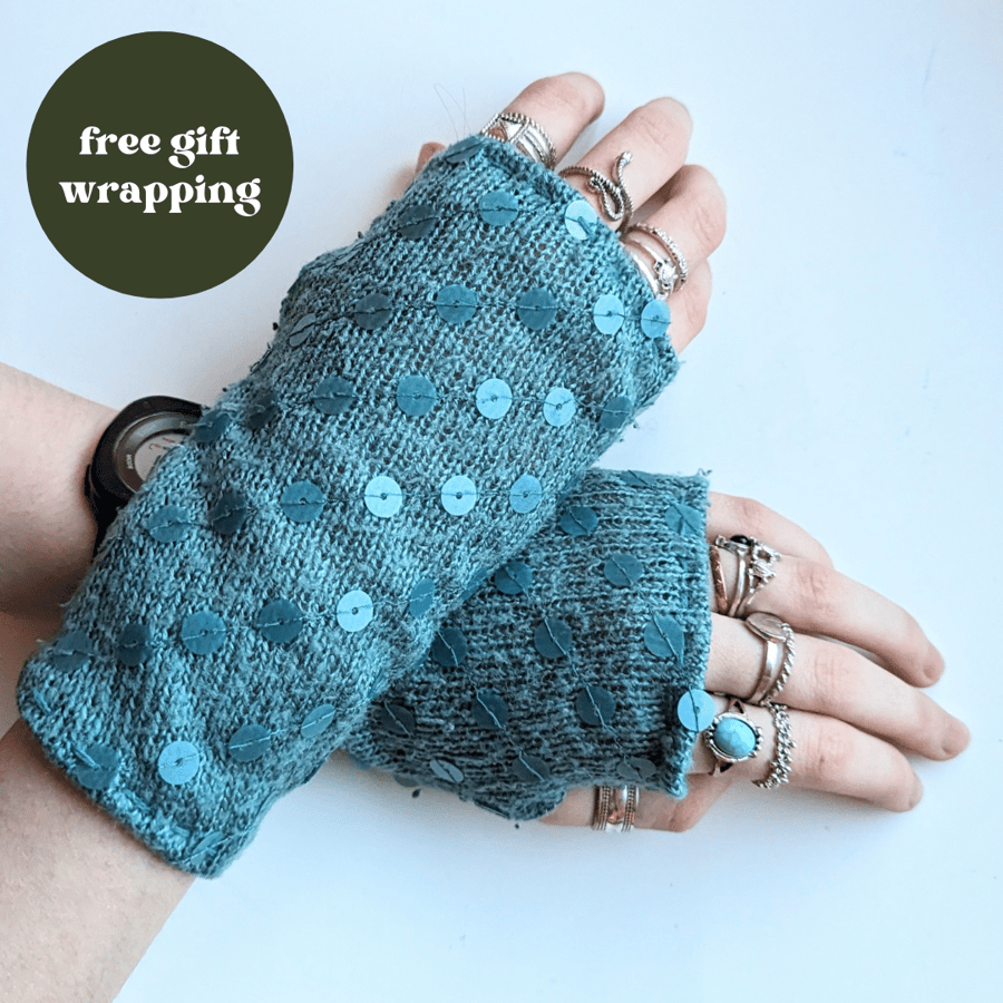 Lightweight Pale Turquoise Duck Egg Wrist warmers from upcycled Acrylic Jumper 