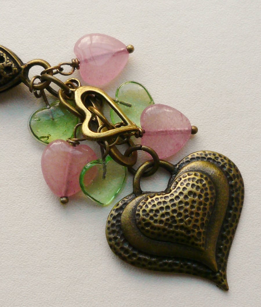 Handbag Charm Green and Pink Antique Bronze Heart Themed  KCJ1622