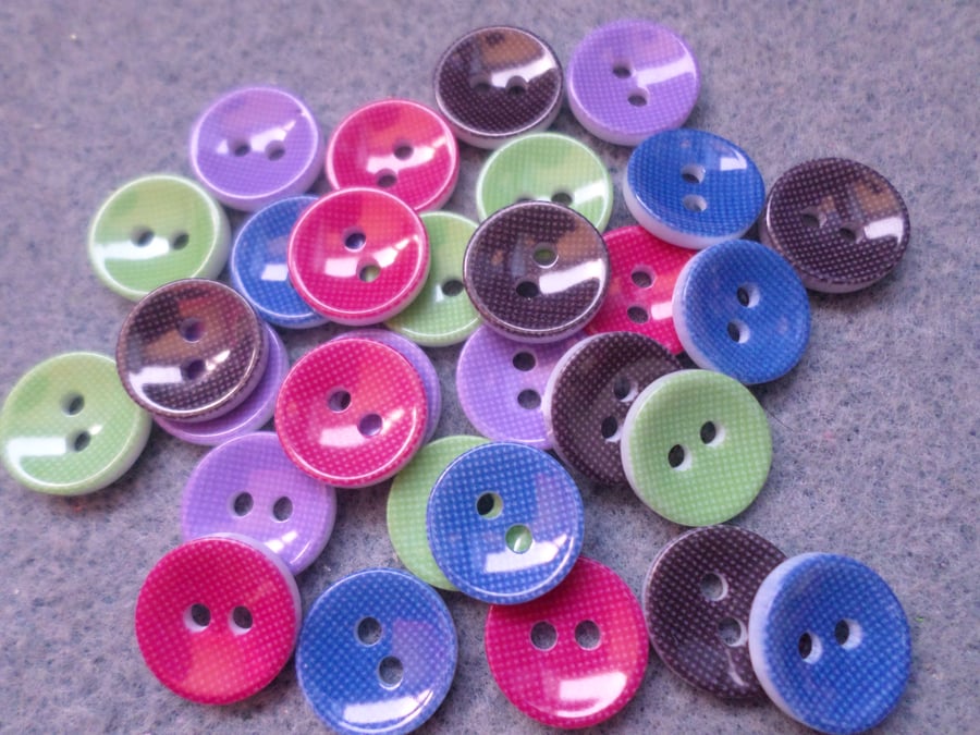 30 x 2-Hole Acrylic Buttons - Round - 12.5mm - Grid Pattern - Mixed Colour