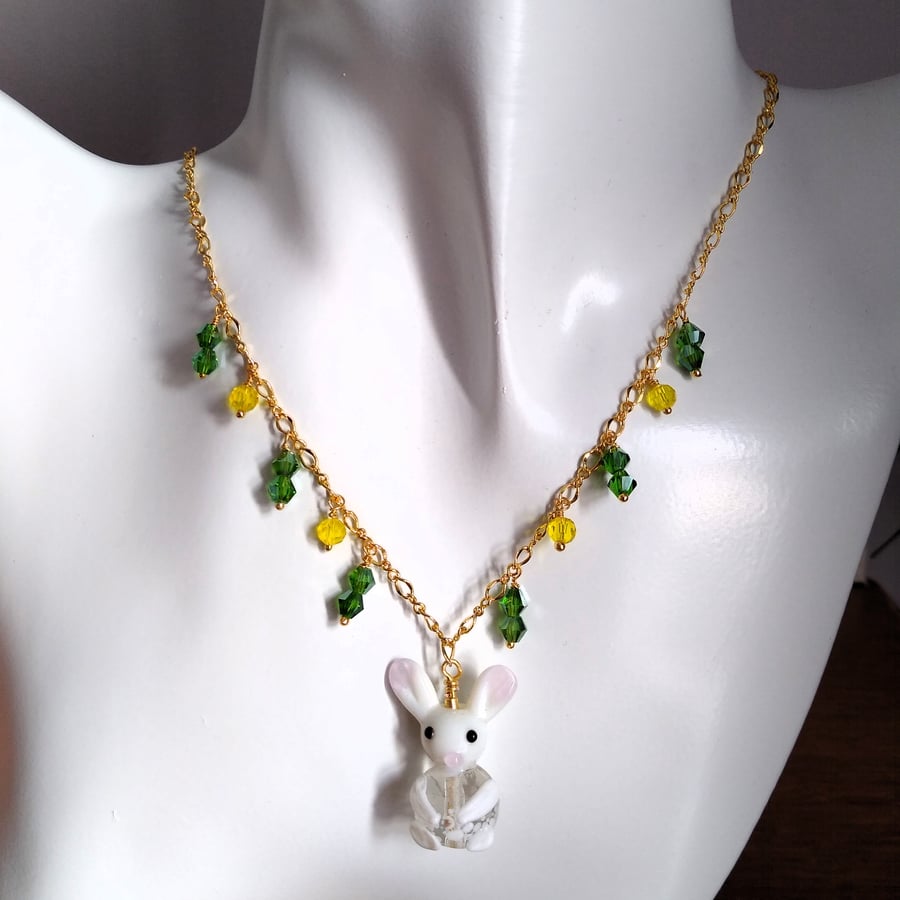 Lampwork Glass Rabbit and Gold Plated Chain Necklace 18 inch