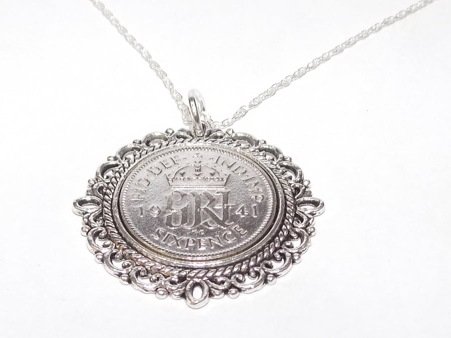 Fancy Pendant 1941 Lucky sixpence 83rd Birthday plus a Sterling Silver 18in Ch