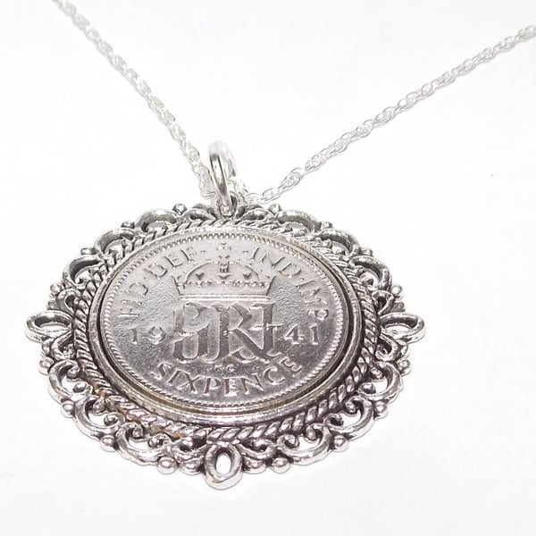 Fancy Pendant 1941 Lucky sixpence 83rd Birthday plus a Sterling Silver 18in Ch