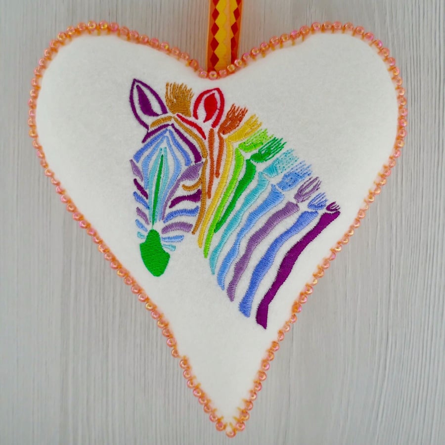Rainbow Zebra Embroidered Beaded Felt Heart Decoration 16cm