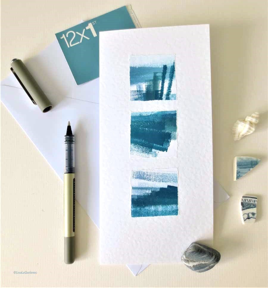 Original abstract coastal art card triptych lines on the sea shore OOAK