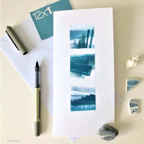 Original abstract coastal art card triptych lines on the sea shore OOAK
