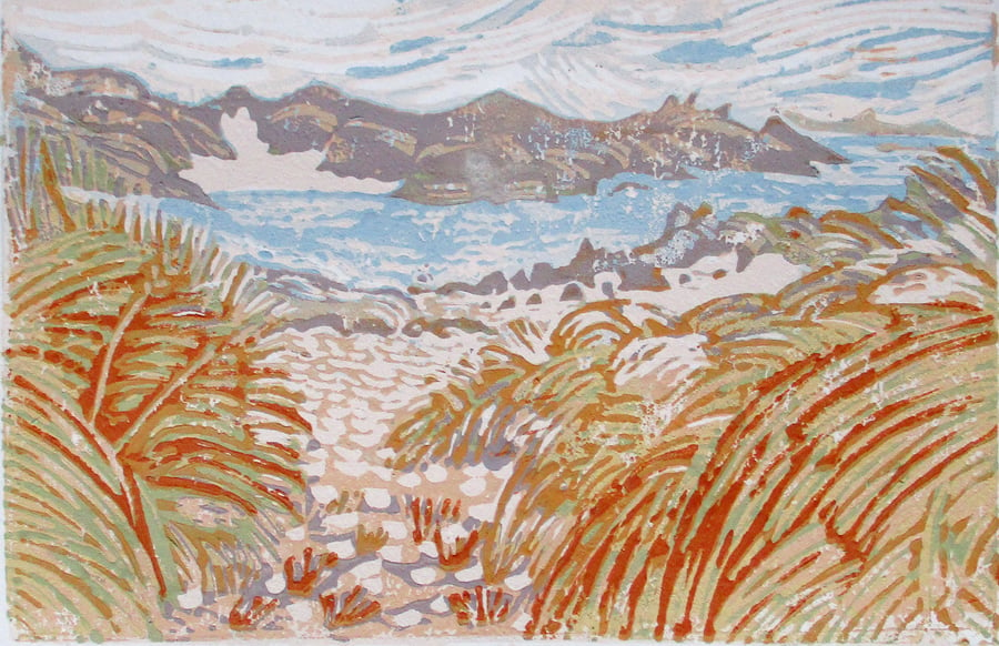 Scottish Beach - Original Hand Pressed Linocut Print Ltd Edition