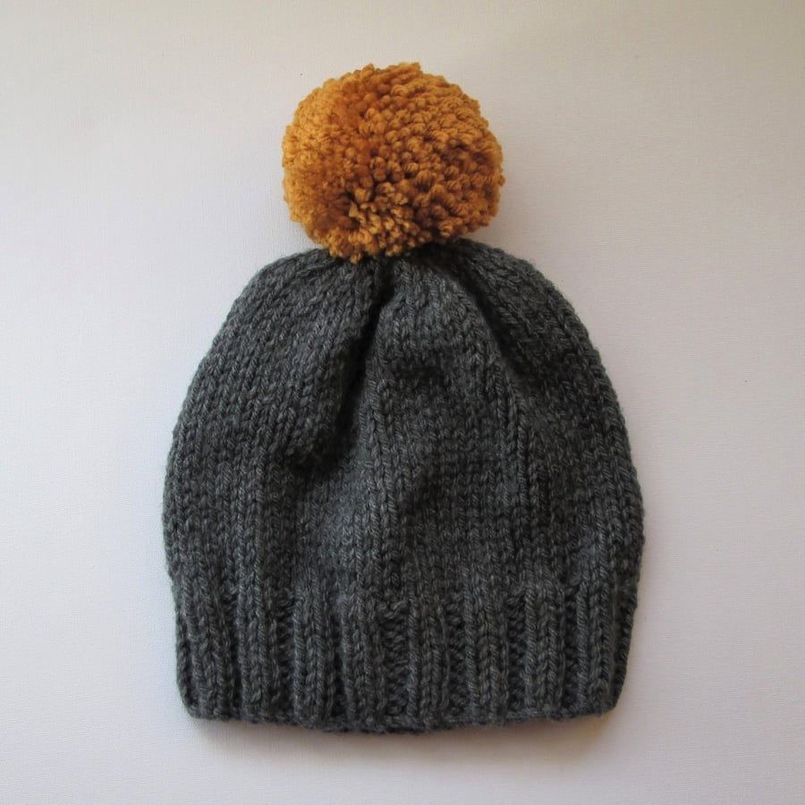 Bobble Hat in Grey Chunky Yarn with Mustard Pom Pom