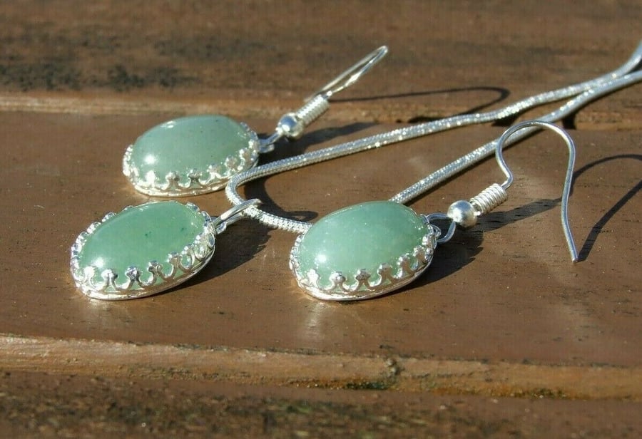 Green Aventurine Reiki Healing Silver Plated Necklace & Earrings Gift Set