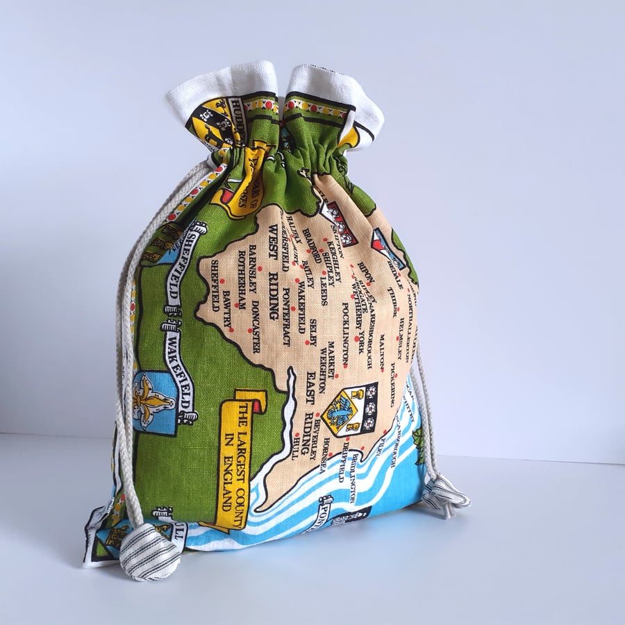  Drawstring bag upcycled from a map of the Yorkshire Ridings teatowel