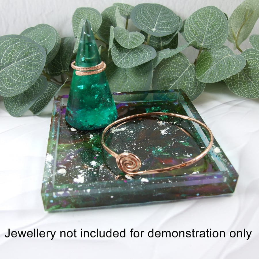 Trinket Dish with Ring Holder. Bio Resin Art Marbled Inks Green