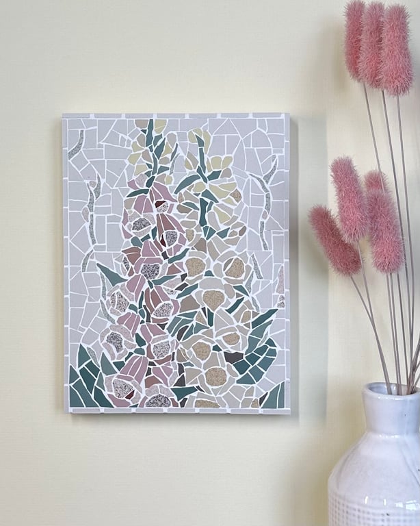 Mosaic Floral Art - Foxglove Mosaic Wall Plaque in White