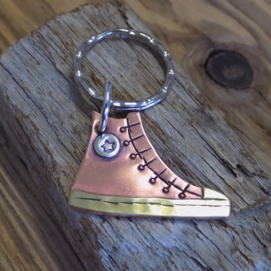 Copper , brass and silver baseball boot keyring 