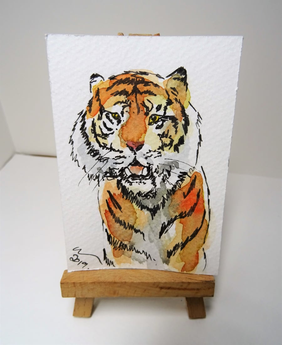 ACEO Animal Art Tiger View Original Watercolour and Ink Painting OOAK Cat