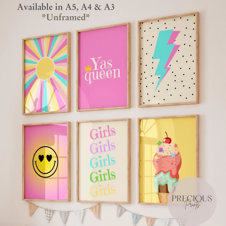 Set of 6 Dorm Wall Decor, Preppy Wall Art Pink 