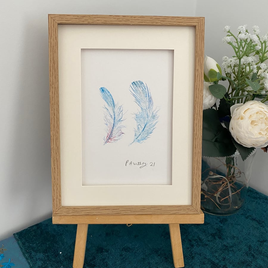 Duck feathers original feather mono print, blue feathers,