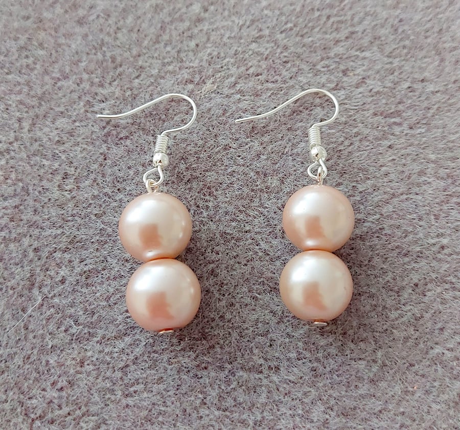 12mm Cream Glass Pearl Dangle Earrings on Silver Plated Earring Hooks