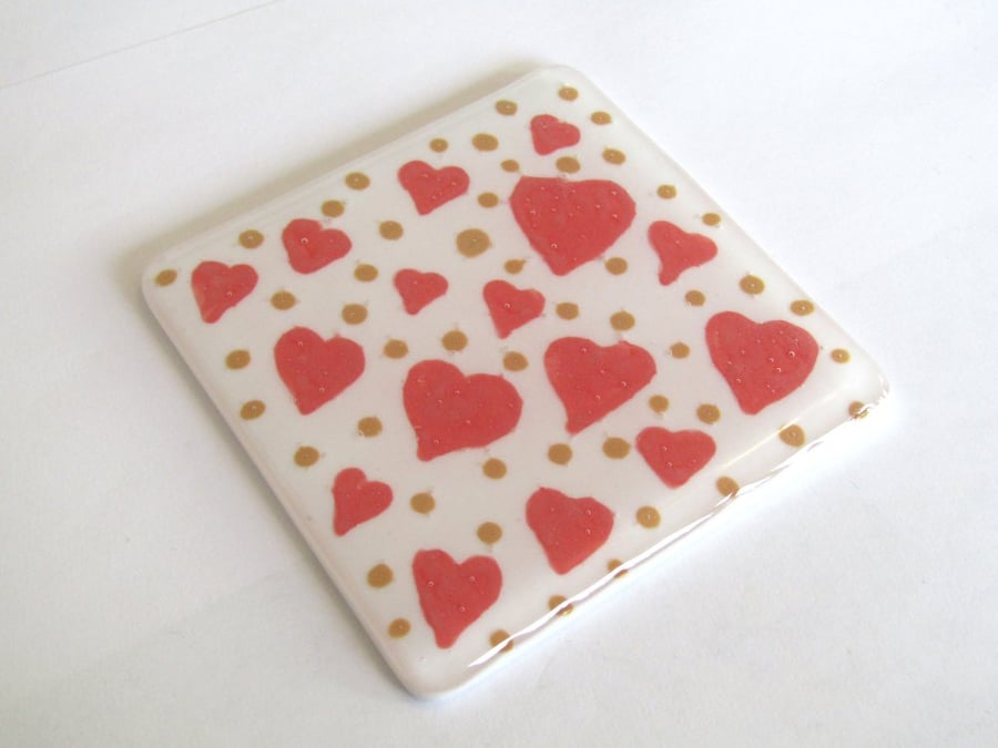 Red and Gold Hearts Coaster - Fused Glass