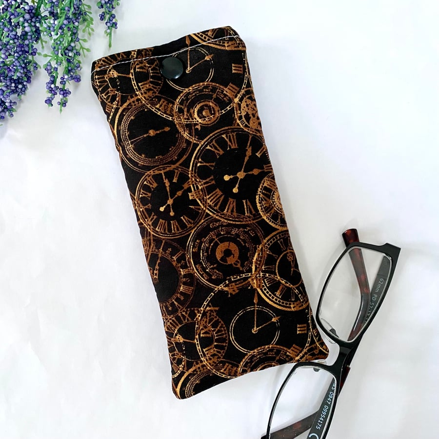 Glasses Case Soft Pouch Steampunk Clocks Fabric Lined with Popper