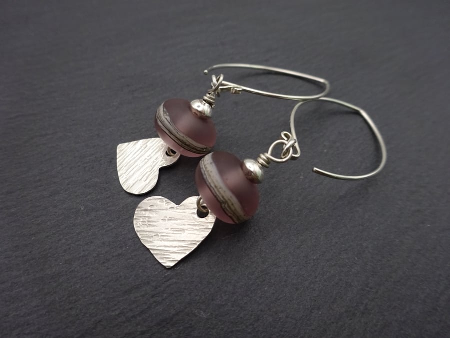 lampwork glass earrings, sterling silver heart
