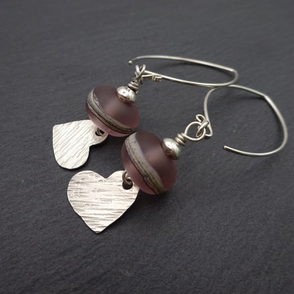 lampwork glass earrings, sterling silver heart