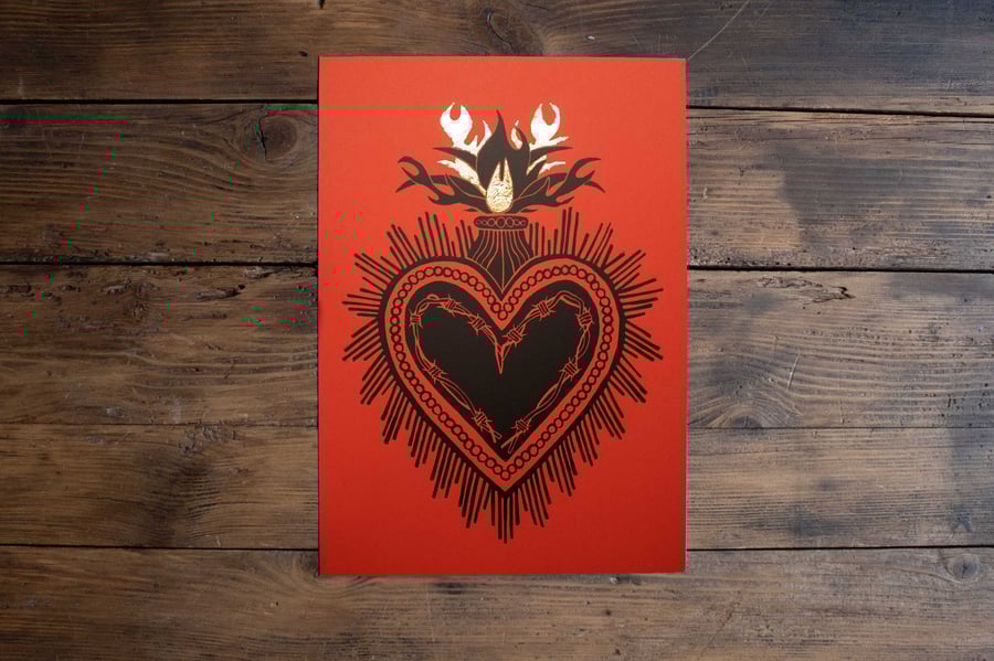 Sacred Heart Black and Gold A4 Lino print