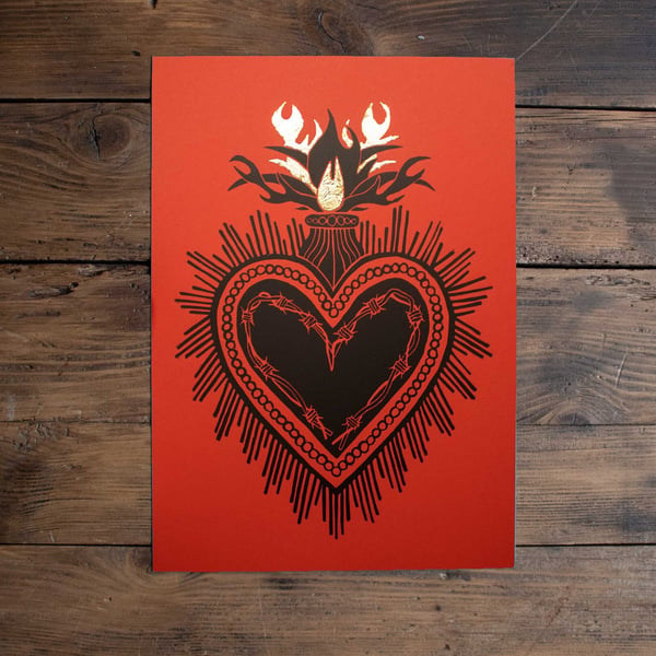 Sacred Heart Black and Gold A4 Lino print