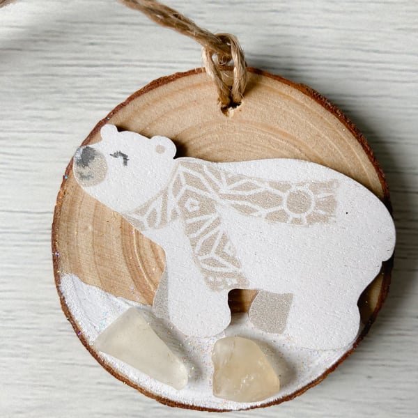 SALE-Hanging wood slice polar bear Christmas decoration