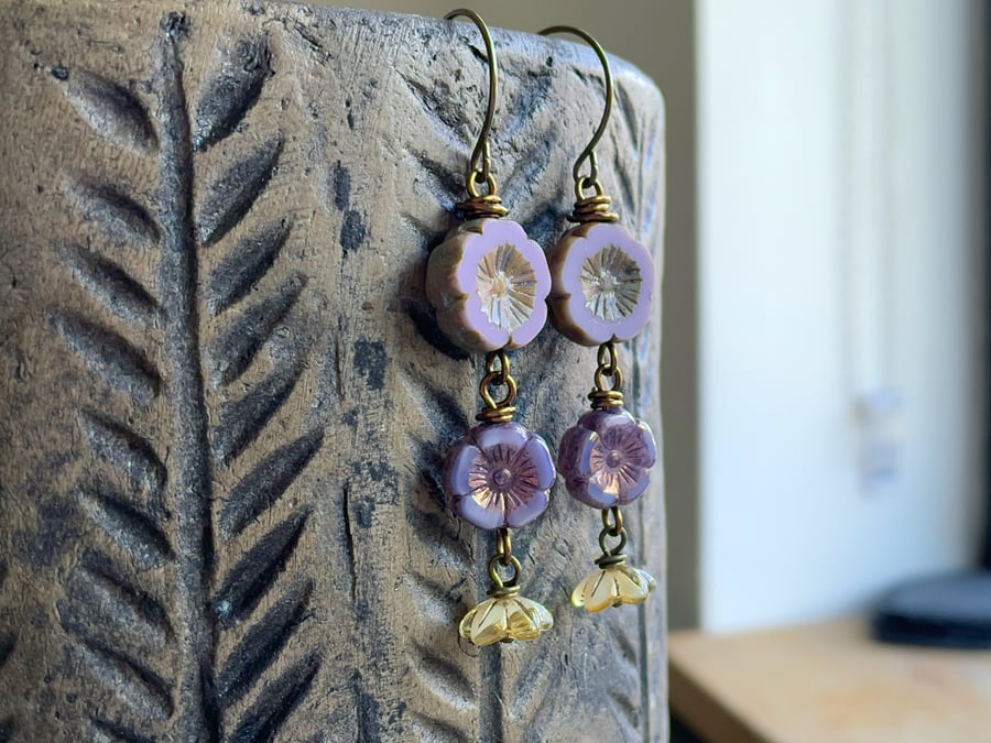 Cascading Boho Floral Earrings. Lavender & Yellow Czech Glass Flower Earrings