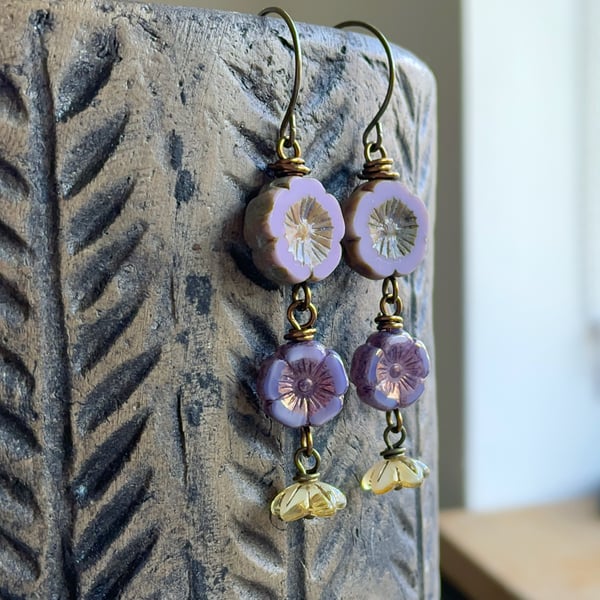 Cascading Boho Floral Earrings. Lavender & Yellow Czech Glass Flower Earrings